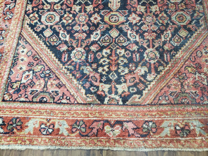 Antique Persian Mahal Area Rug 4.4 x 6.6, Wool Hand-Knotted Shabby Chic Oriental Rug, Red Black 1930s Foyer Room Carpet, Low Pile Boho Rug - Nuvé