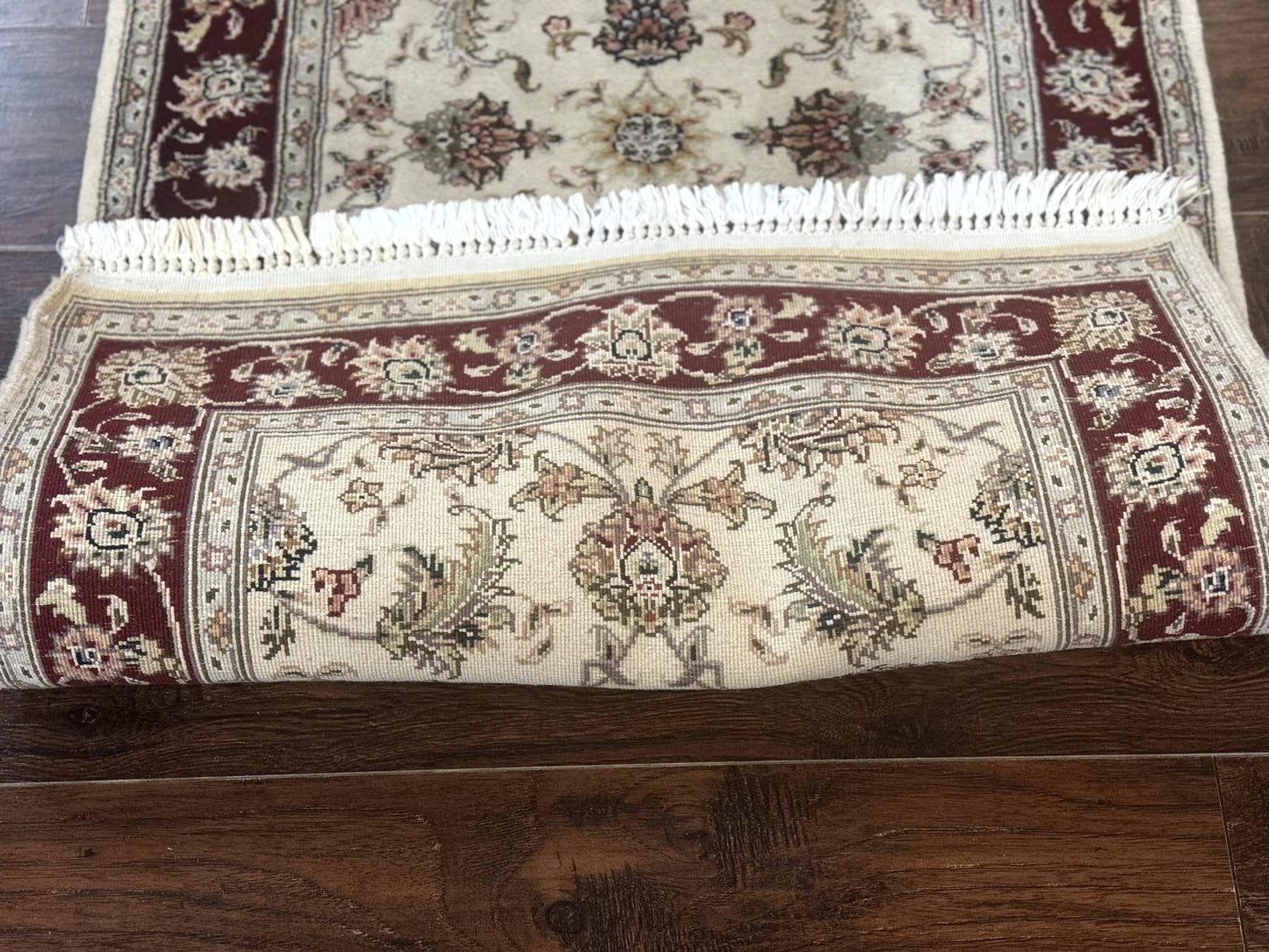 Pak Persian Runner Rug 2.8 x 8, Handmade Vintage Carpet, Beige and Maroon, Wool and Silk Highlights - Nuvé