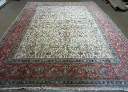 Persian Tabriz Rug 8x10, Antique Authentic Wool Oriental Carpet 8 x 10 ft, Bird Motifs Floral Boteh Paisleys, Cream Red Blue Vintage Handmade Rug - Nuvé