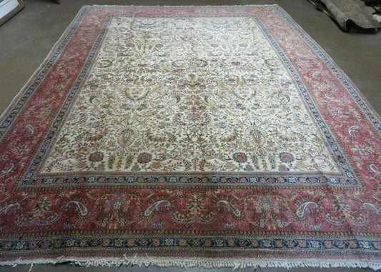 Persian Tabriz Rug 8x10, Antique Authentic Wool Oriental Carpet 8 x 10 ft, Bird Motifs Floral Boteh Paisleys, Cream Red Blue Vintage Handmade Rug - Nuvé