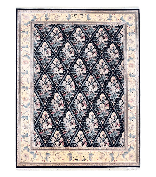 Sino-Persian Kirman Rug 9x12 Floral Handmade Wool Carpet Black & Ivory Vintage