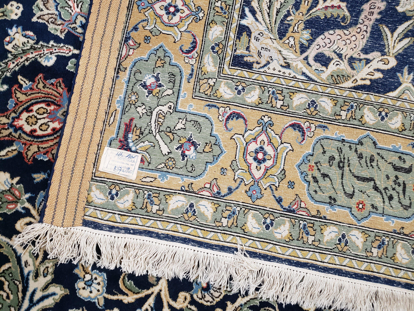 Semi Antique Persian Qum Tree of Life Rug, Hand-Knotted, Wool, Midnight Blue and Tan, Animal Pictorials, Written Poem in Borders, 4' 8" x 7' 8" - Nuvé