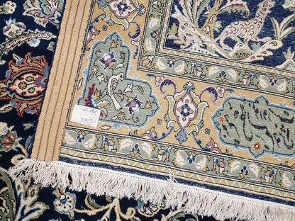 Semi Antique Persian Qum Tree of Life Rug, Hand-Knotted, Wool, Midnight Blue and Tan, Animal Pictorials, Written Poem in Borders, 4' 8" x 7' 8" - Nuvé