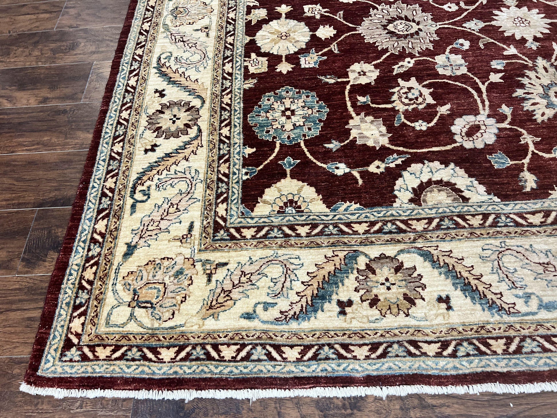 Peshawar Rug 9x11, Pakistani Oriental Carpet, Maroon and Beige, Floral Allover, Wool Hand Knotted Handmade Vintage Rug - Nuvé