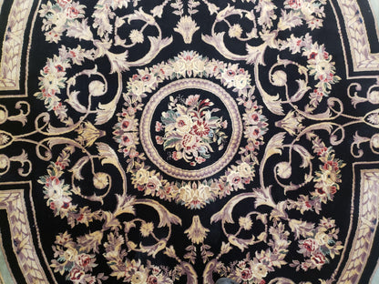 8x10 Aubusson Rug, Fine Hand Knotted Wool Carpet, French European Design, Black & Ivory