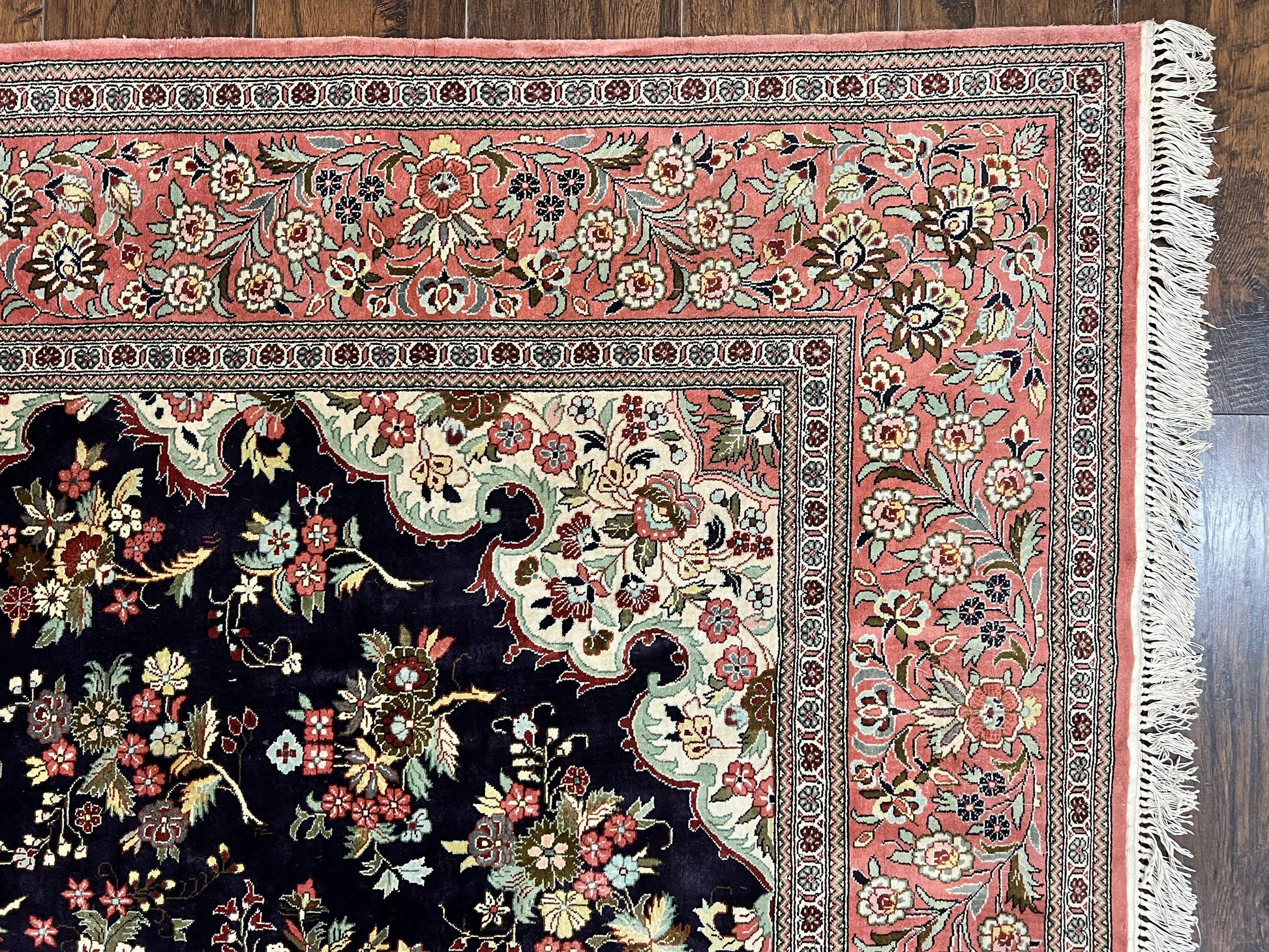 Stunning Silk Persian Qum Rug 7x9, Finely Hand Knotted Navy Blue & Salmon Floral Medallion Authentic Oriental Carpet, Vintage Handmade Silk Ghom Rug, Silk on Silk - Nuvé