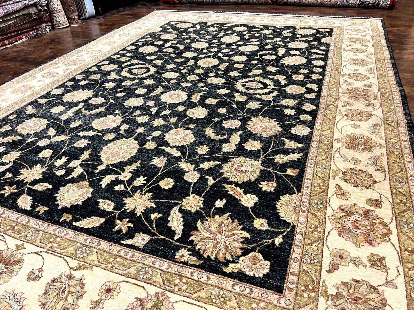 Indo Persian Rug 10x14, Charcoal and Beige, Floral Allover, Handmade Vintage Wool Carpet - Nuvé