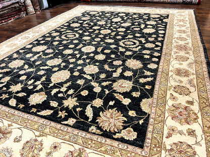 Indo Persian Rug 10x14, Charcoal and Beige, Floral Allover, Handmade Vintage Wool Carpet - Nuvé