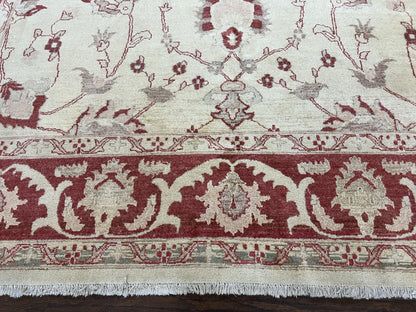Peshawar Rug 8x12 Pakistani Carpet, Oriental Rug 8 x 12 Chobi Rug, Beige and Red, Allover Large Floral Design, Hand Knotted Vintage Wool - Nuvé