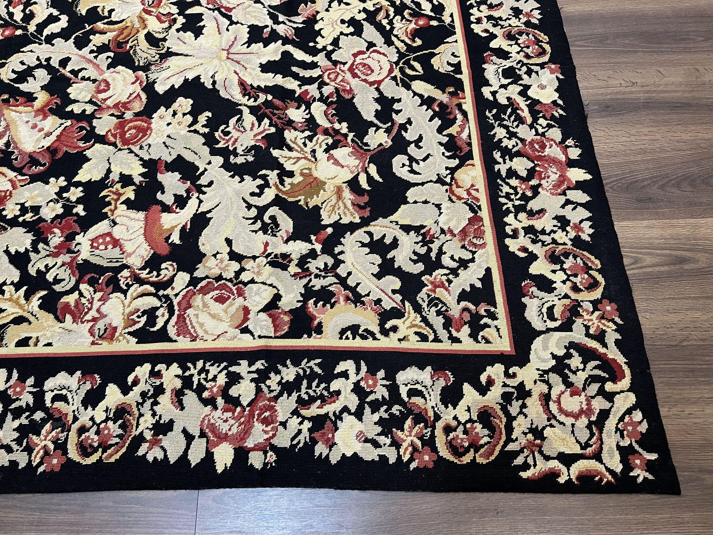 Wool Needlepoint Rug 9x12, William Morris Vintage Chinese Needlepoint Carpet 9 x 12, Handwoven, Allover Floral Area Rug, Black Light Green - Nuvé