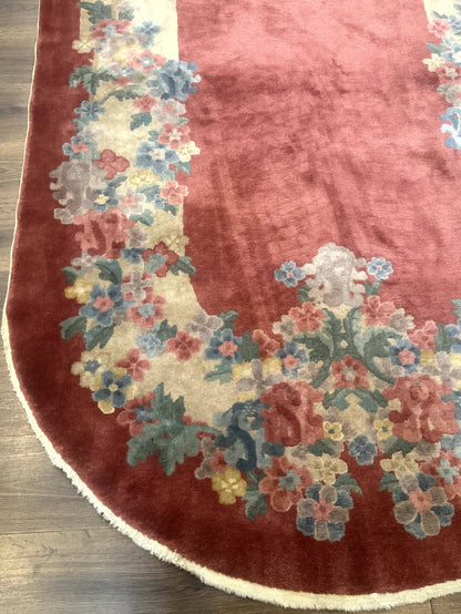 Oval Chinese Peking Rug 5x8, Pink, Floral, Vintage Chinese Wool Carpet - Nuvé