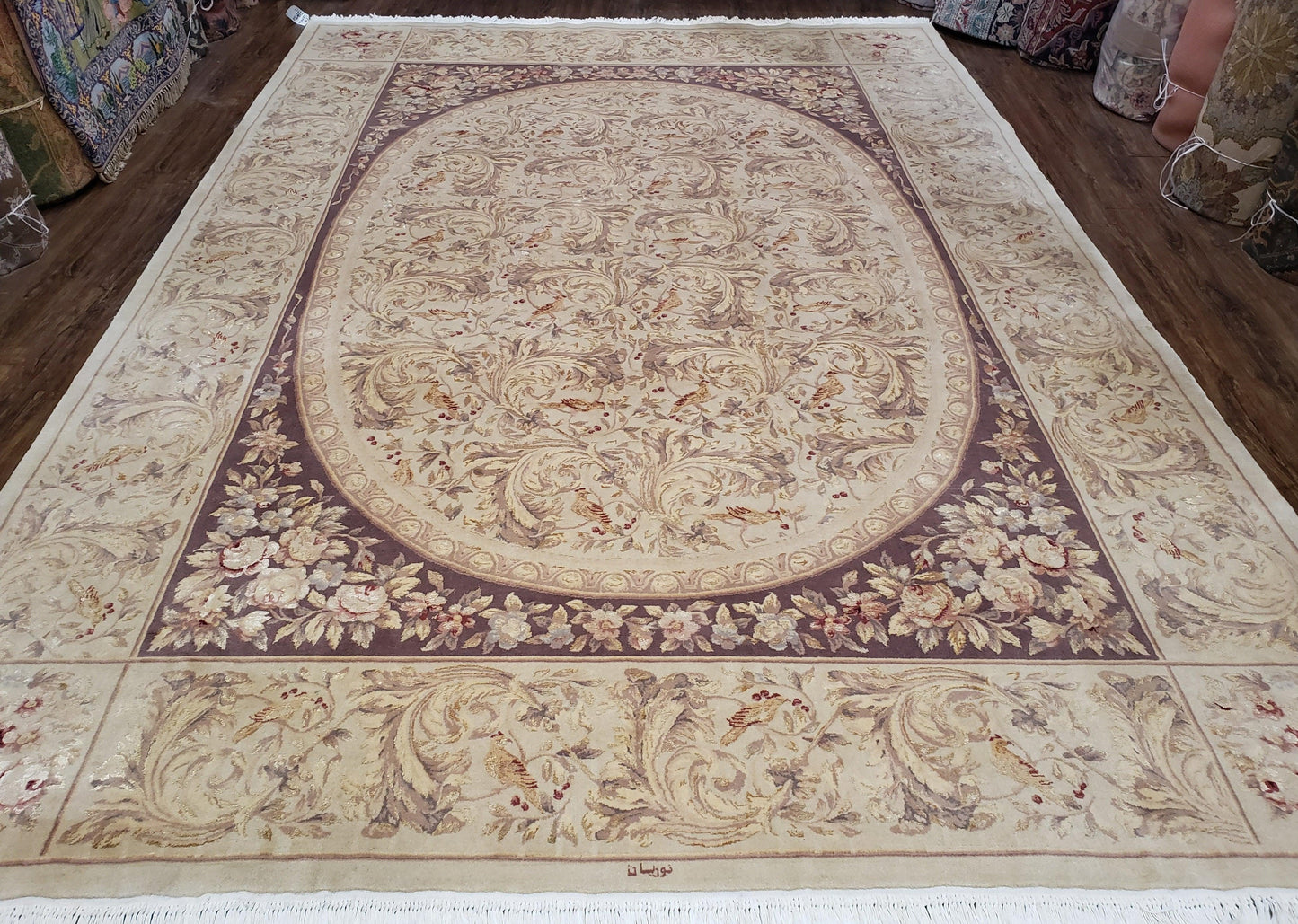 Chinese Aubusson Savonnerie Area Rug 8x12, Vintage 120 Line Carpet, Wool and Silk Hand-Knotted, Birds Flowers Master Weaver Signature - Nuvé
