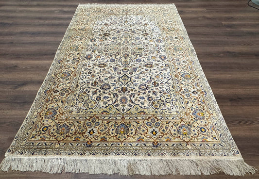 Rare Silk Persian Kashan Rug 4.6 x 7, Antique Fine 310 KPSI, Ivory - Nuvé