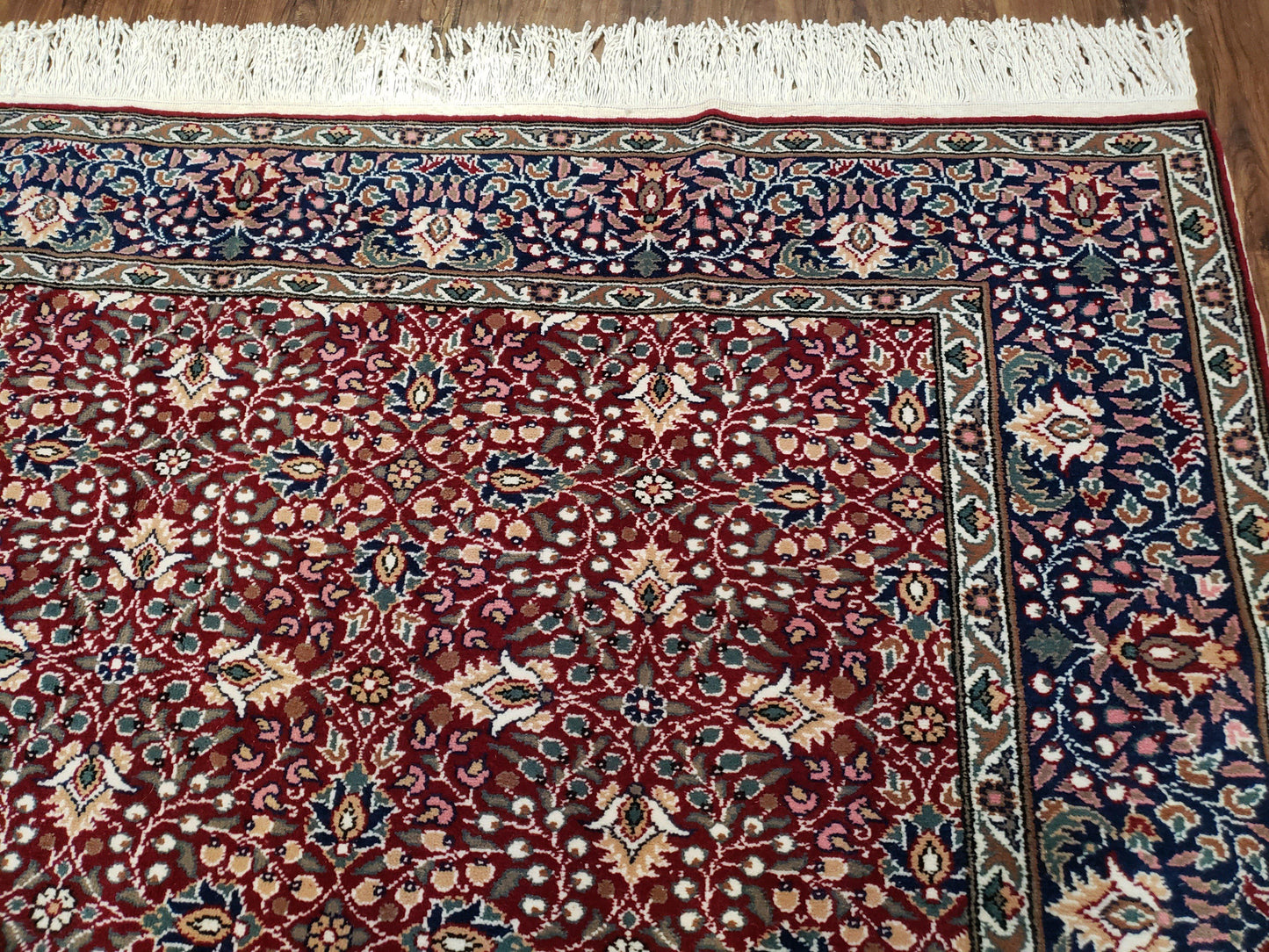 Vintage Turkish Sivas Area Rug 6.5 x 9.5, Wool Hand-Knotted Red & Midnight Blue Allover Floral Pattern Oriental Carpet, 6x9 Traditional Rug - Nuvé