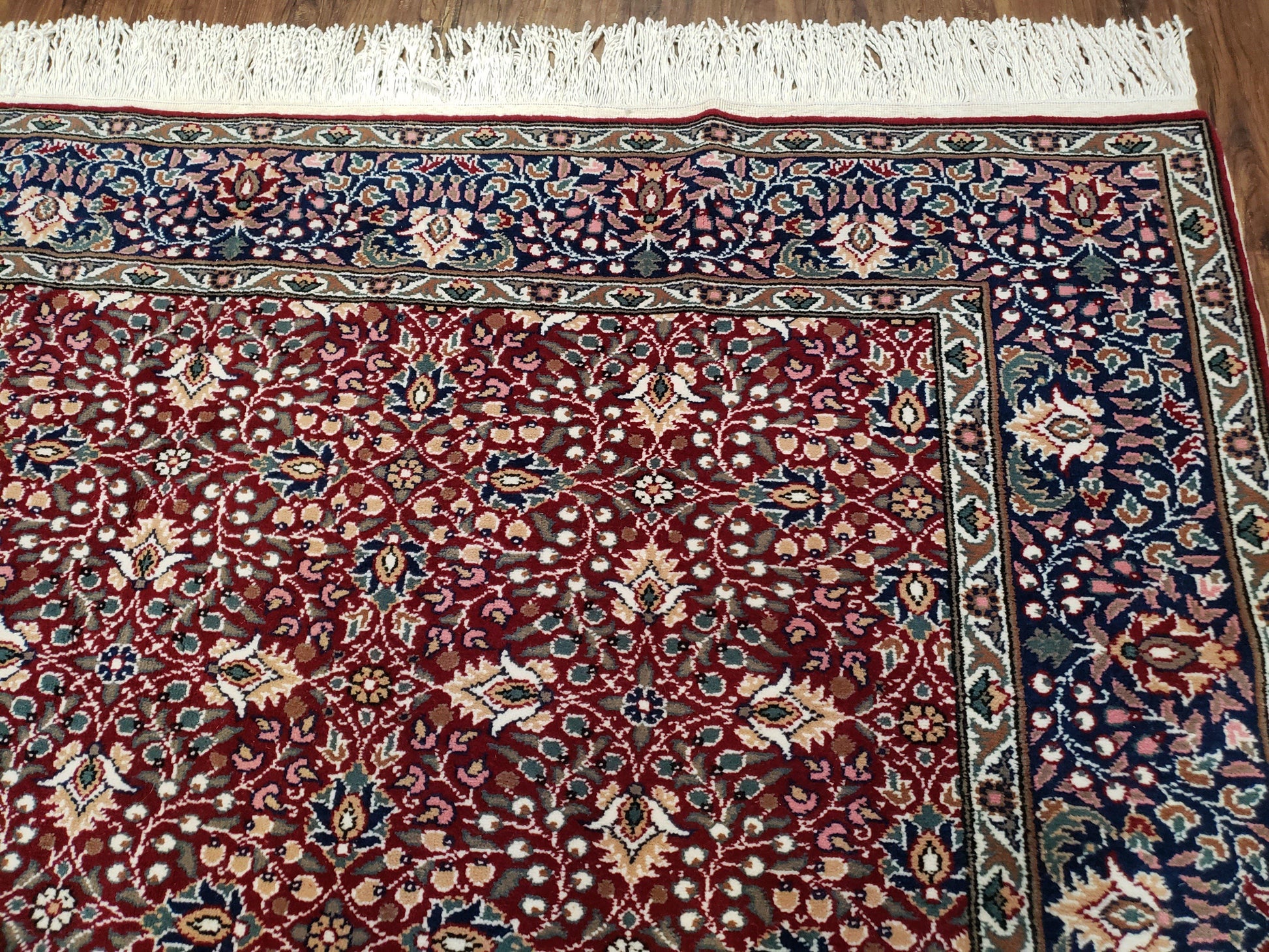 Vintage Turkish Sivas Area Rug 6.5 x 9.5, Wool Hand-Knotted Red & Midnight Blue Allover Floral Pattern Oriental Carpet, 6x9 Traditional Rug - Nuvé