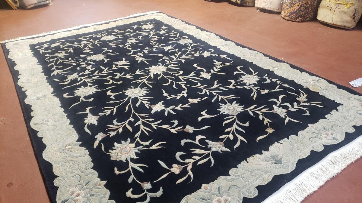 6x9 Vintage Black Gray Chinese Rug 120 Lines Wool Carpet Floral Design Hand-Knotted Soft Pile Entryway Rug Foyer Rug Nice