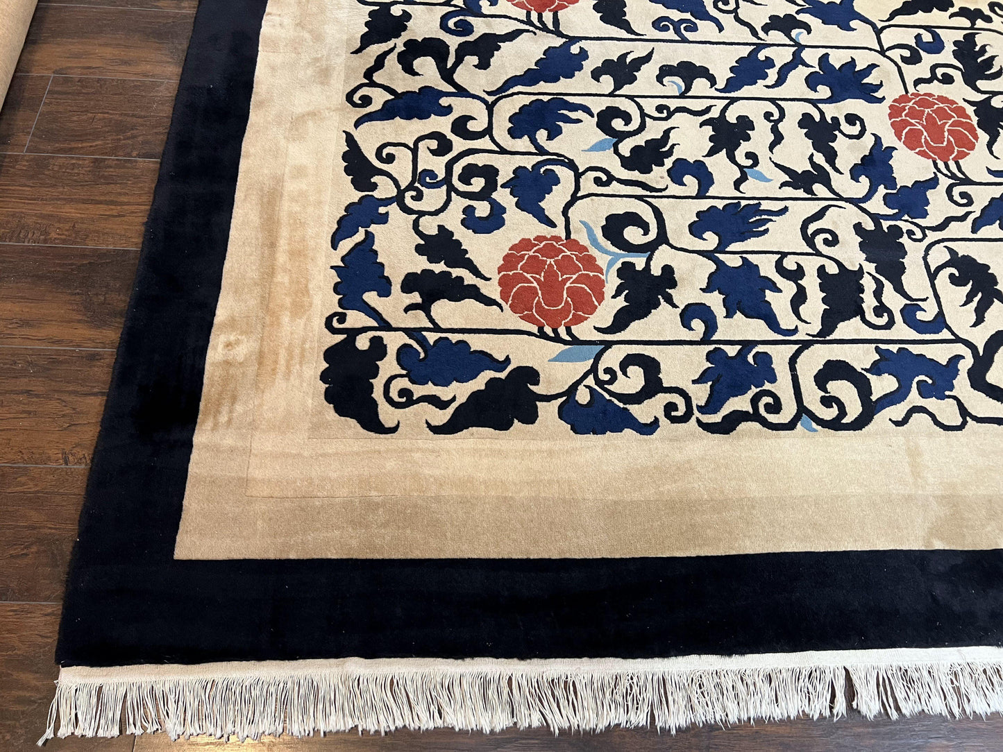 Antique Chinese Peking Rug 10x14, Beige Black, Handmade Wool Art Deco Carpet - Nuvé