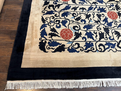 Antique Chinese Peking Rug 10x14, Beige Black, Handmade Wool Art Deco Carpet - Nuvé