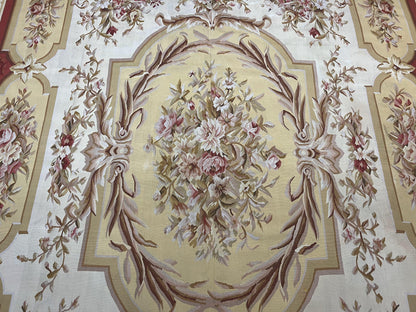 Aubusson Rug 9x12, Elegant Flatweave Savonnerie Carpet 9 x 12 ft, Ivory Light Yellow Red, Handmade Wool Flatweave French European Rug - Nuvé