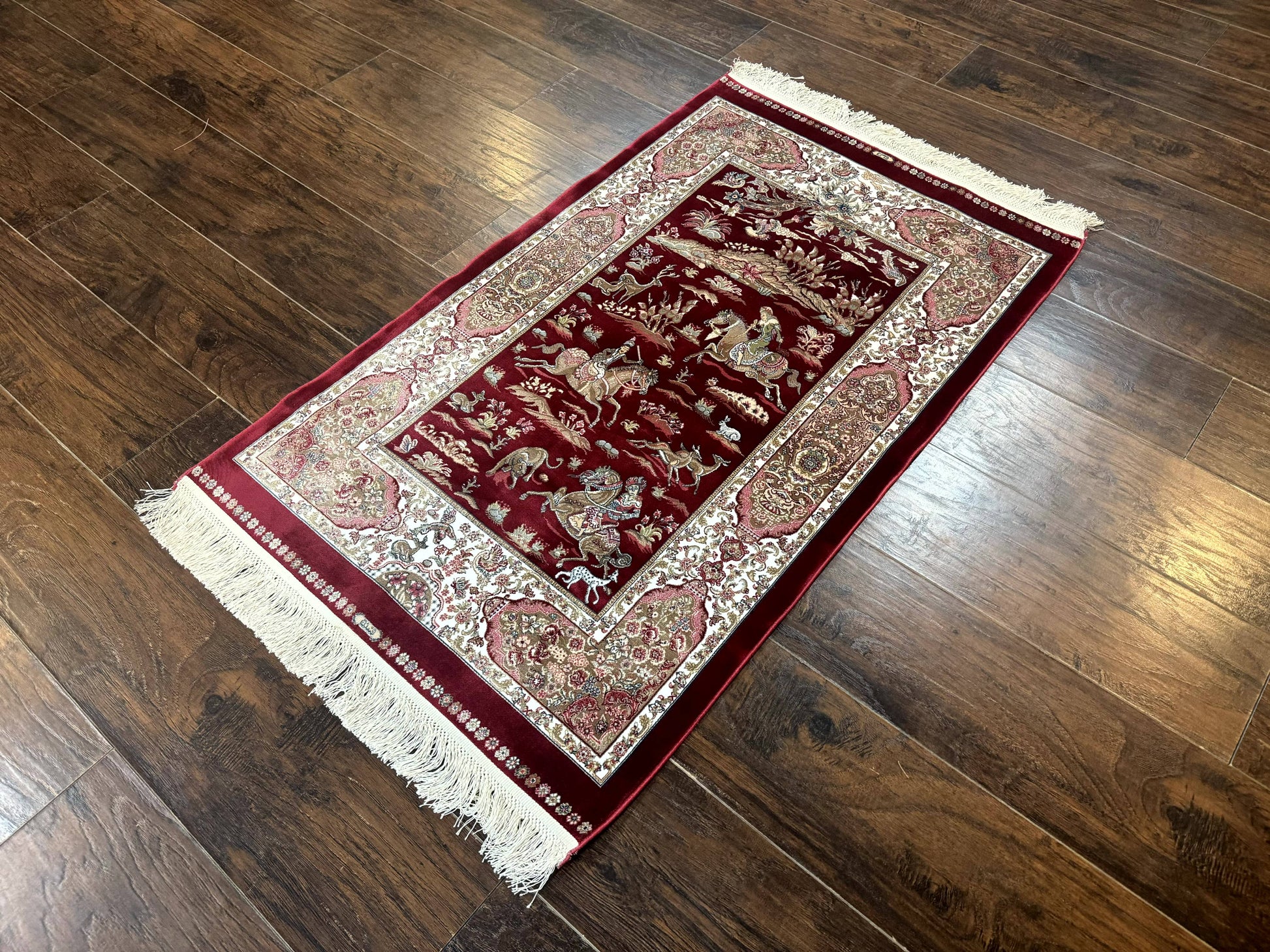 Dark Red Turkish Silk Rug 2.6 x 4, Hunting Design Scene, Bamboo Silk - Nuvé