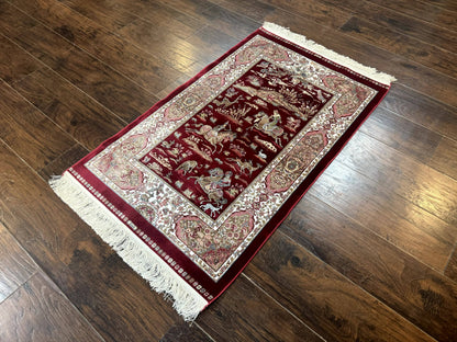 Dark Red Turkish Silk Rug 2.6 x 4, Hunting Design Scene, Bamboo Silk