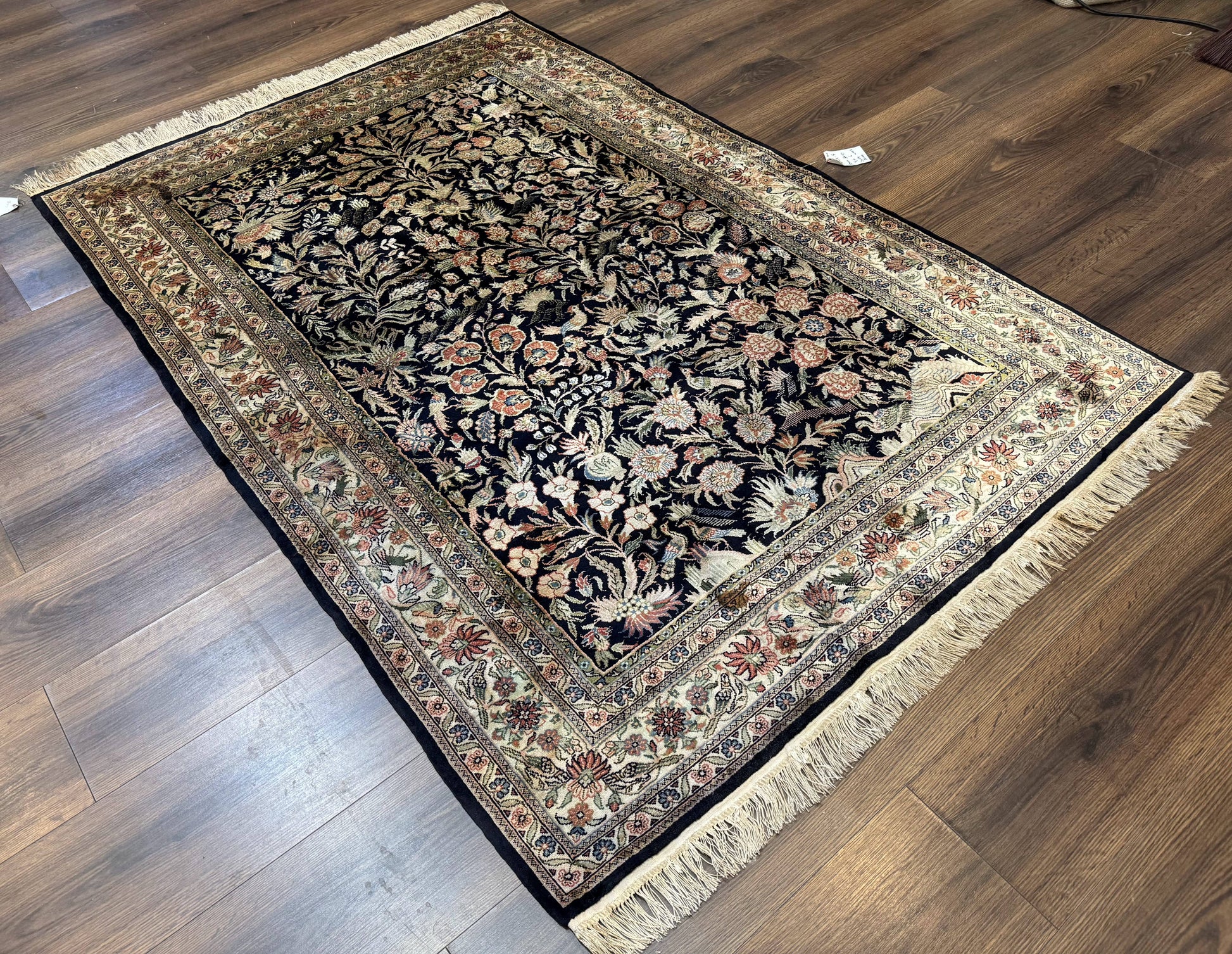 Silk Rug 4x6, Black and Cream, Floral & Bird Pictorials, Fine 330 KPSI, Sino Persian Rug - Nuvé
