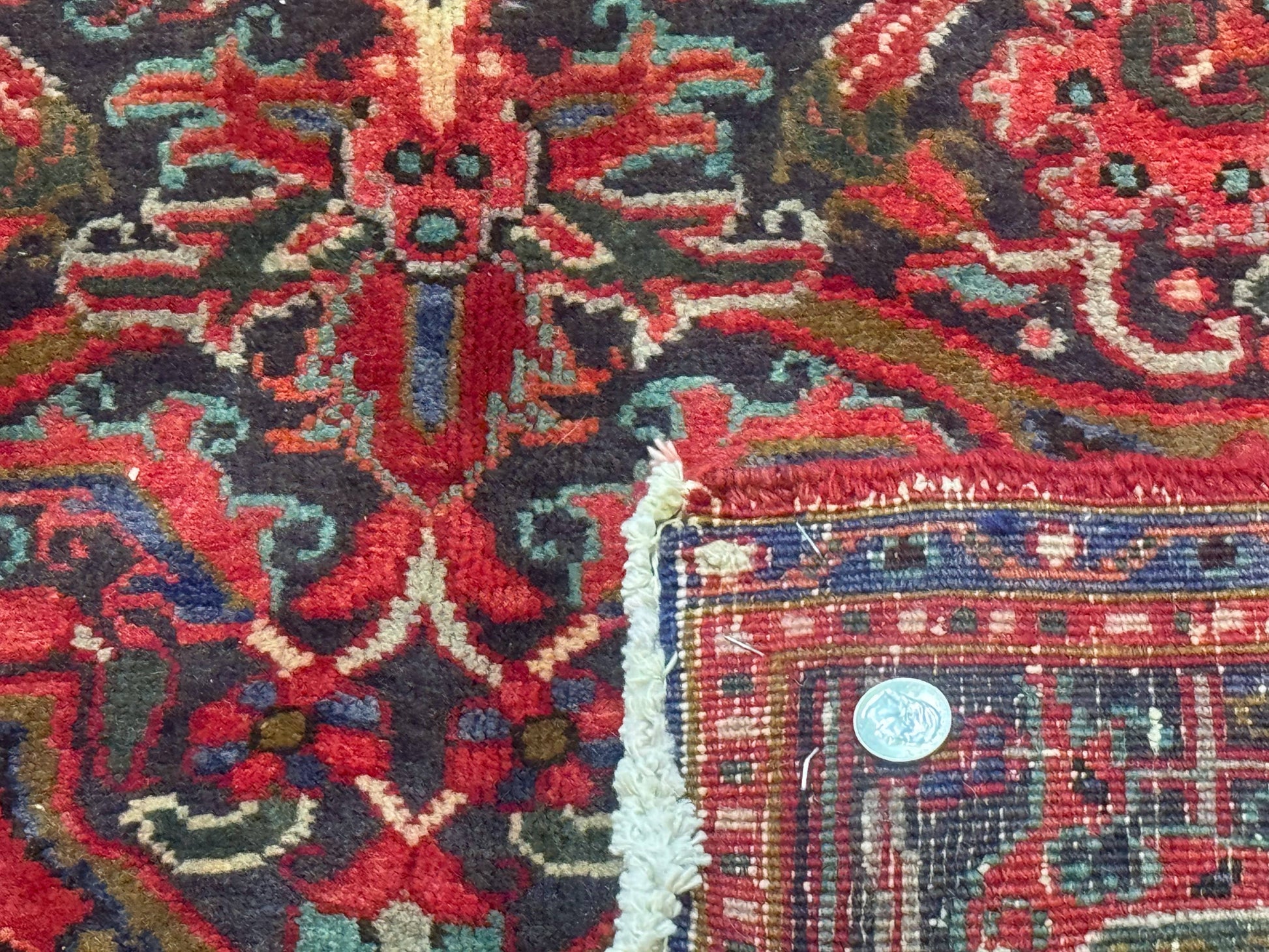 Persian Heriz Rug 7x10, Red and Navy, Geometric Medallion, Vintage Wool Carpet - Nuvé