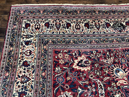 Antique Persian Mashad Rug 10x12, Red and Ivory, Signed by Master Weaver - Nuvé