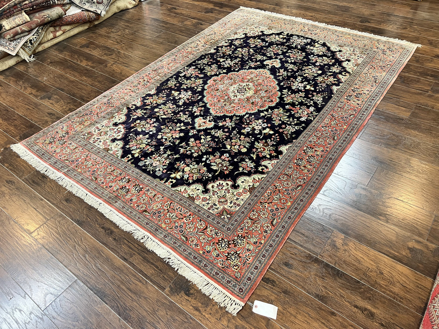Stunning Silk Persian Qum Rug 7x9, Finely Hand Knotted Navy Blue & Salmon Floral Medallion Authentic Oriental Carpet, Vintage Handmade Silk Ghom Rug, Silk on Silk - Nuvé