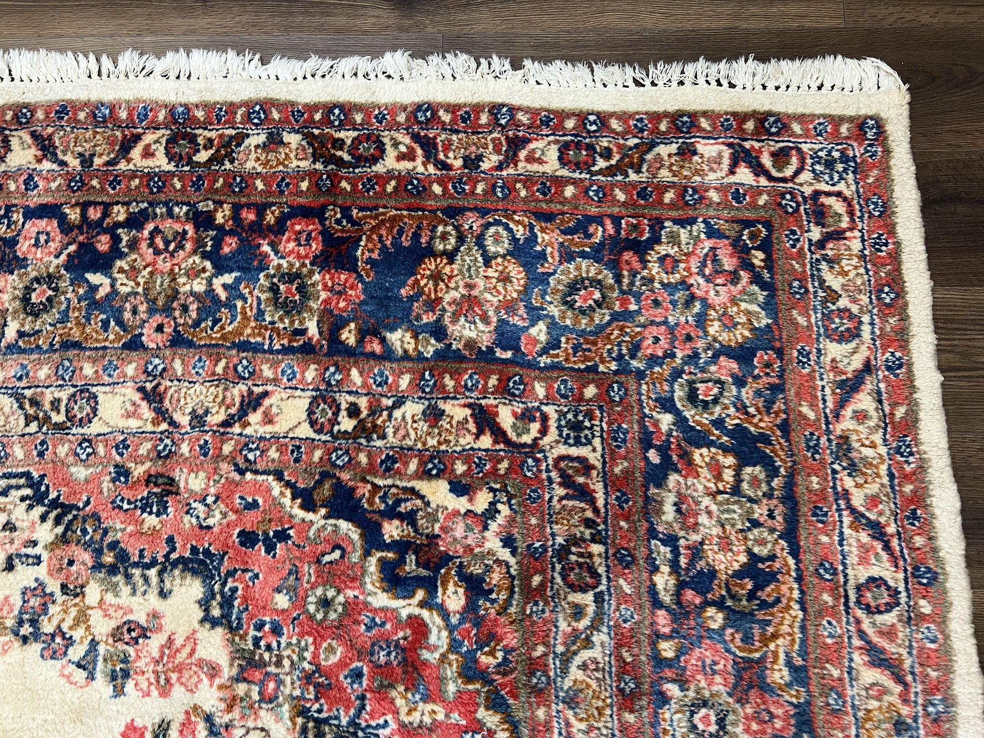 Persian Rug 9x10, Hamadan Rug, Antique Oriental Carpet, Wool Rug, Semi Open Field, Cream and Navy Blue, Kirman Design Hand Knotted Almost Square Rug - Nuvé
