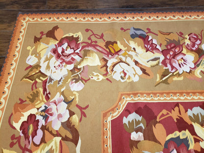 Vintage Chinese Aubusson Savonnerie Flat Pile Rug 9.9 x 14.5 Wool Handwoven Red & Khaki Large Flowers Rug 9x14 - 10x15 Michaelian Kolhberg - Nuvé