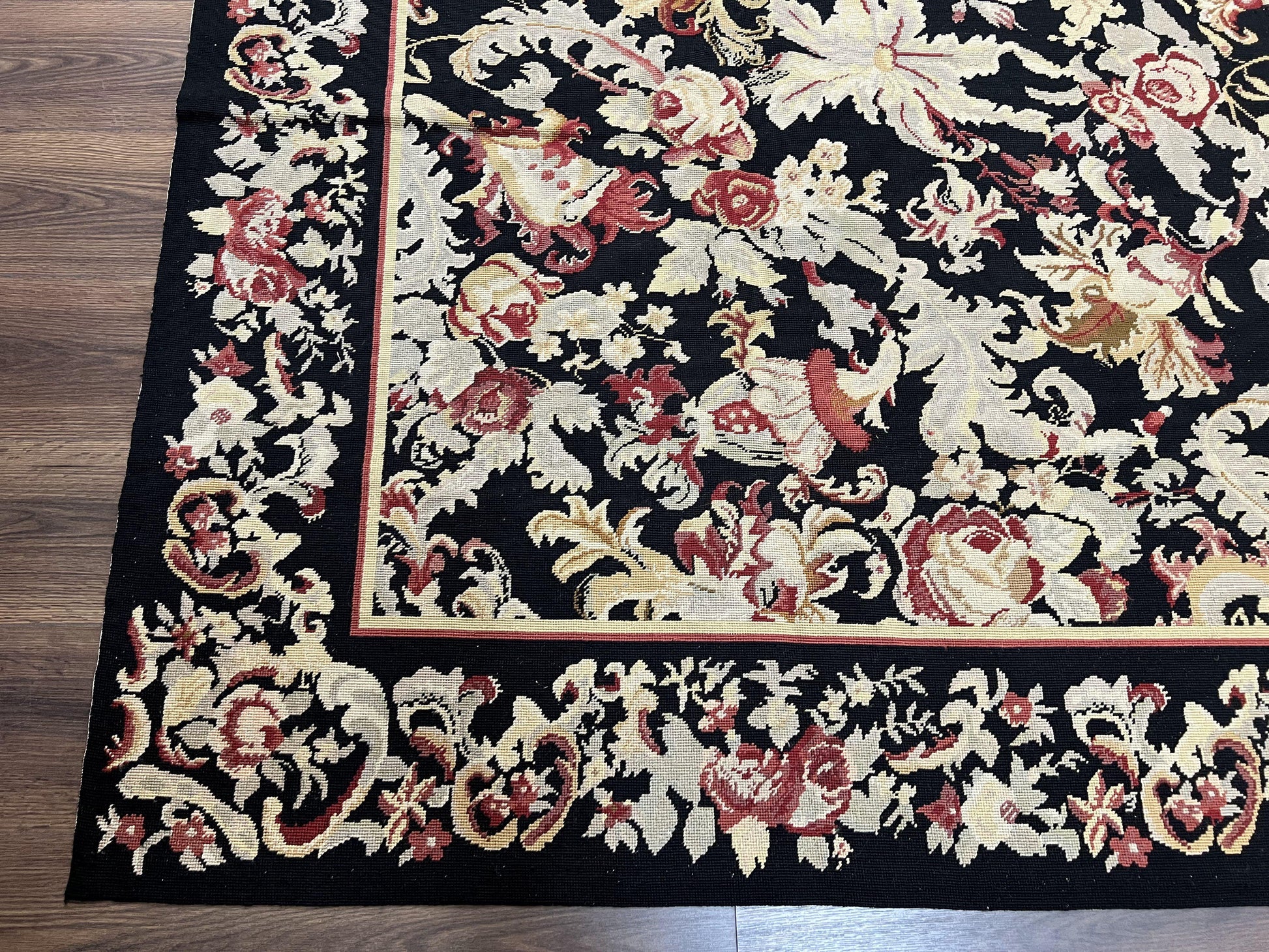 Wool Needlepoint Rug 9x12, William Morris Vintage Chinese Needlepoint Carpet 9 x 12, Handwoven, Allover Floral Area Rug, Black Light Green - Nuvé