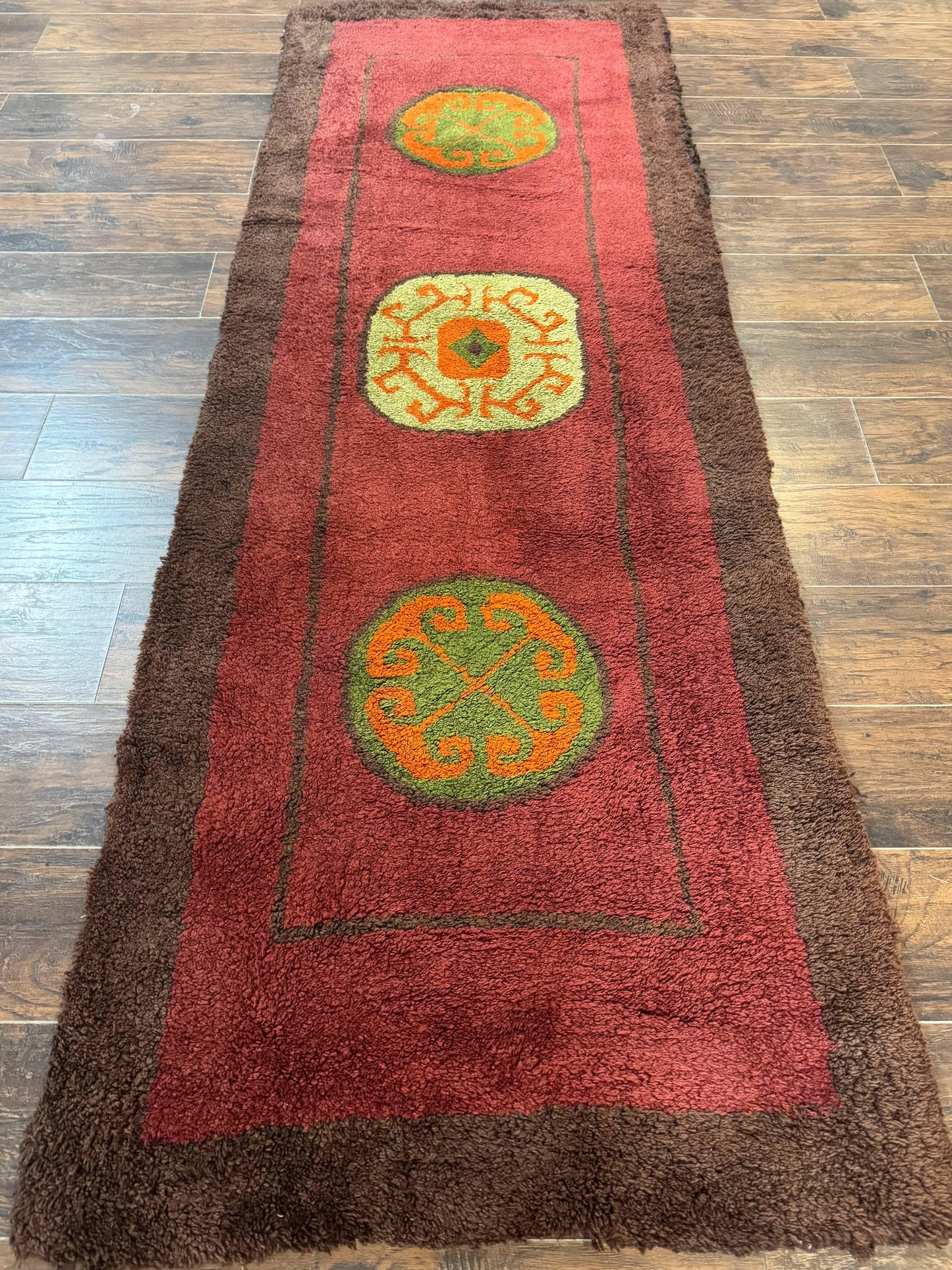 German Hooked Runner Rug 3x8, Vintage, Red, Wool - Nuvé