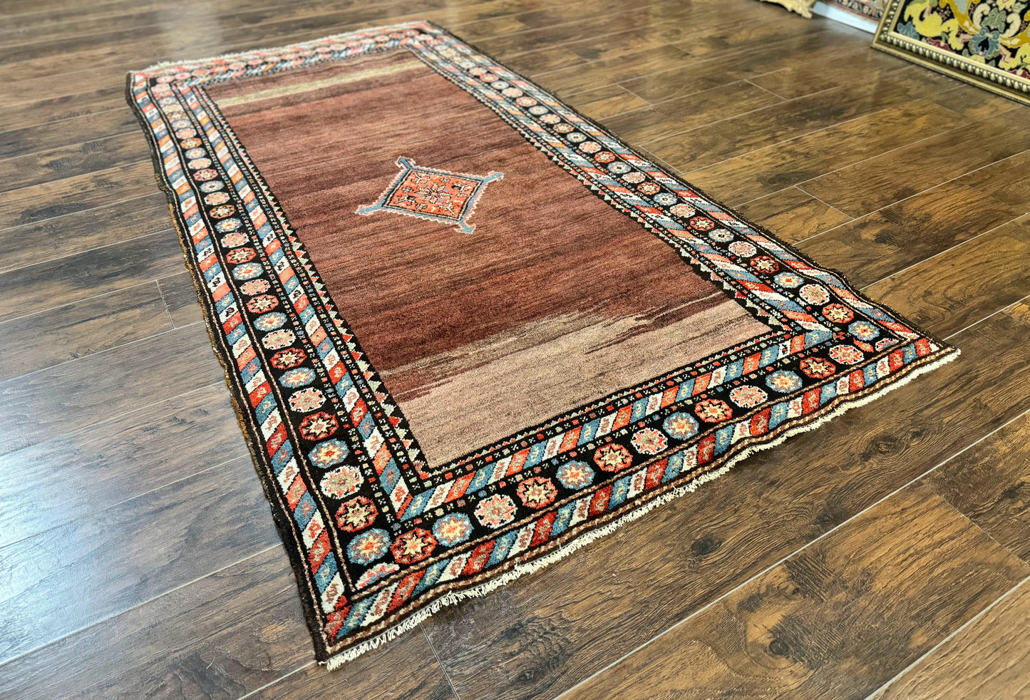 Antique Persian Rug 4x7, Sarab Tribal Wool Carpet, Brown and Multicolor, Handmade Wide Runner Rug 4 x 7, Open Field, Rainbow Border - Nuvé