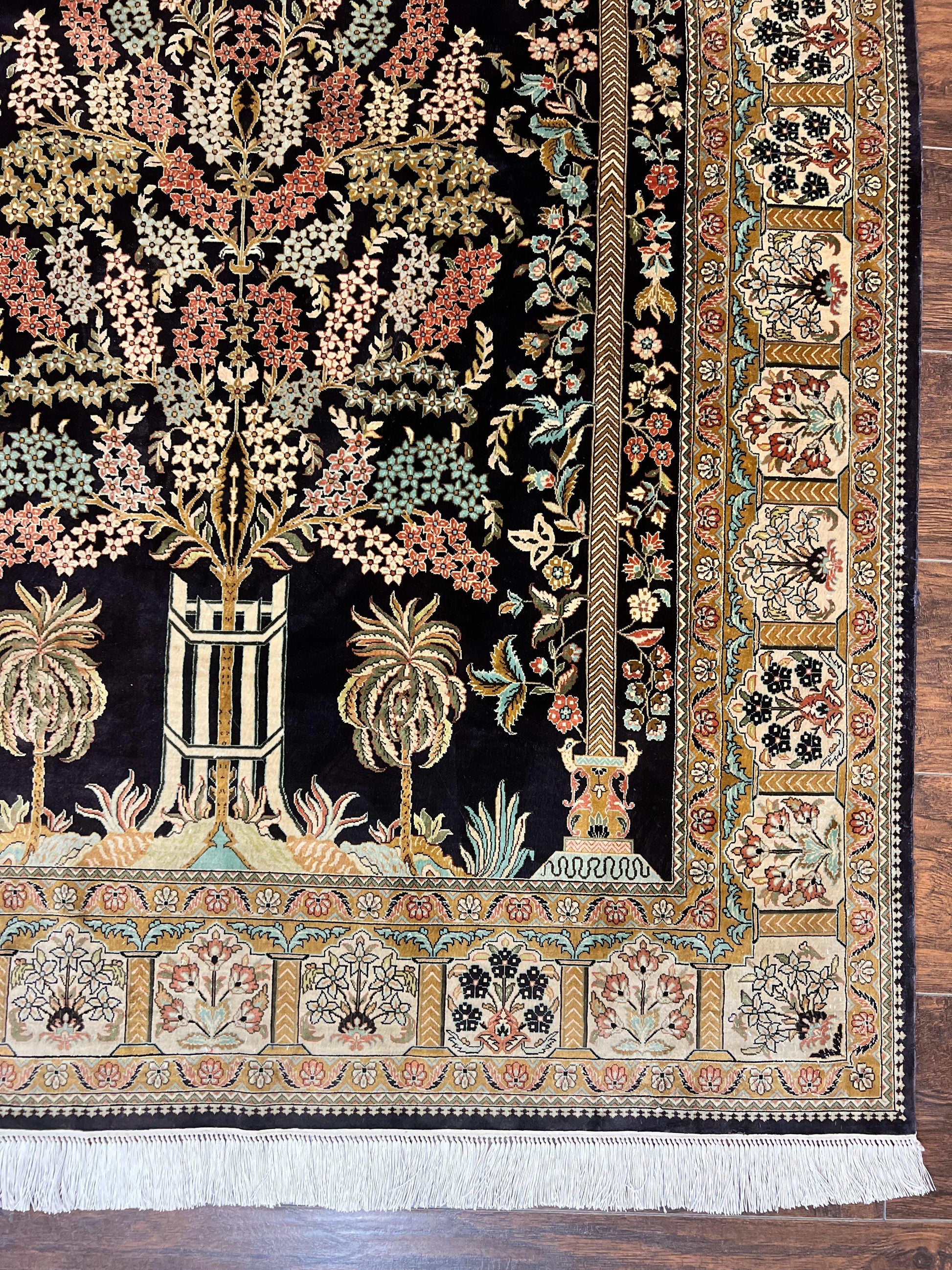 Wonderful Sino Persian Silk Rug 4x6, Tree of LIfe Design, Masterpiece 575 KPSI, Birds, Prayer Rug, Black, Silk on Silk - Nuvé