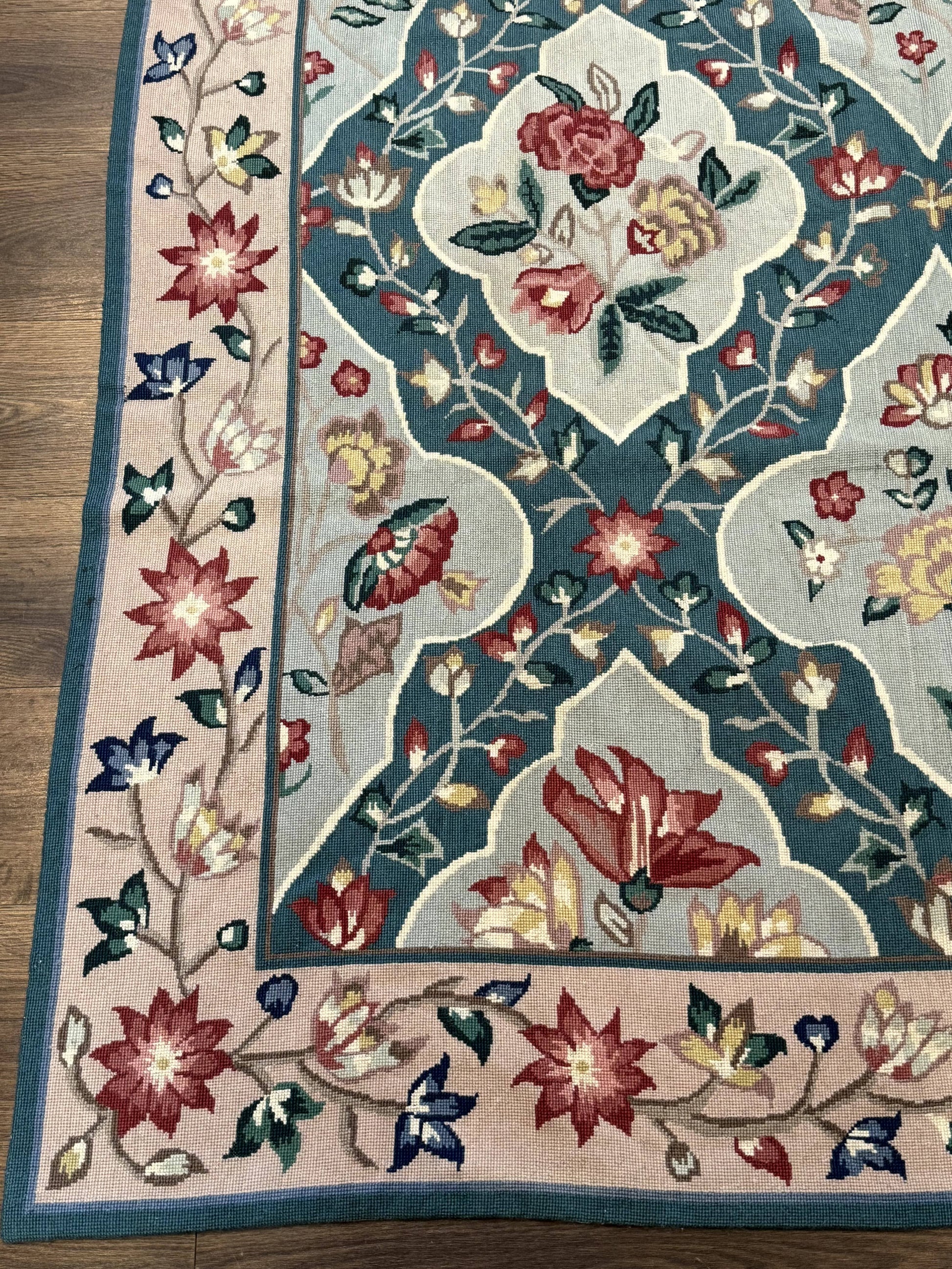 Teal Needlepoint Rug 6x9, Panel Design, Floral Bouquets, Handmade - Nuvé