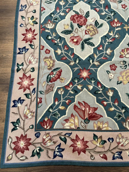 Teal Needlepoint Rug 6x9, Panel Design, Floral Bouquets, Handmade - Nuvé