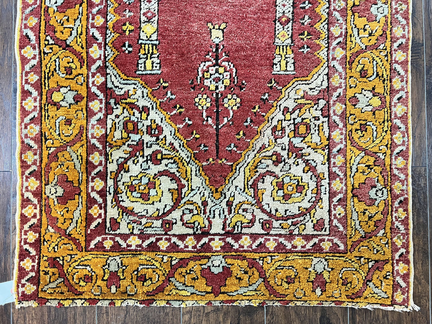 Antique Turkish Prayer Rug 3x5, Hand Knotted Turkish Melas Oushak Wool Carpet, Mehrab Rug, Orange & Red Vintage Rug 3 x 5 Collectible - Nuvé