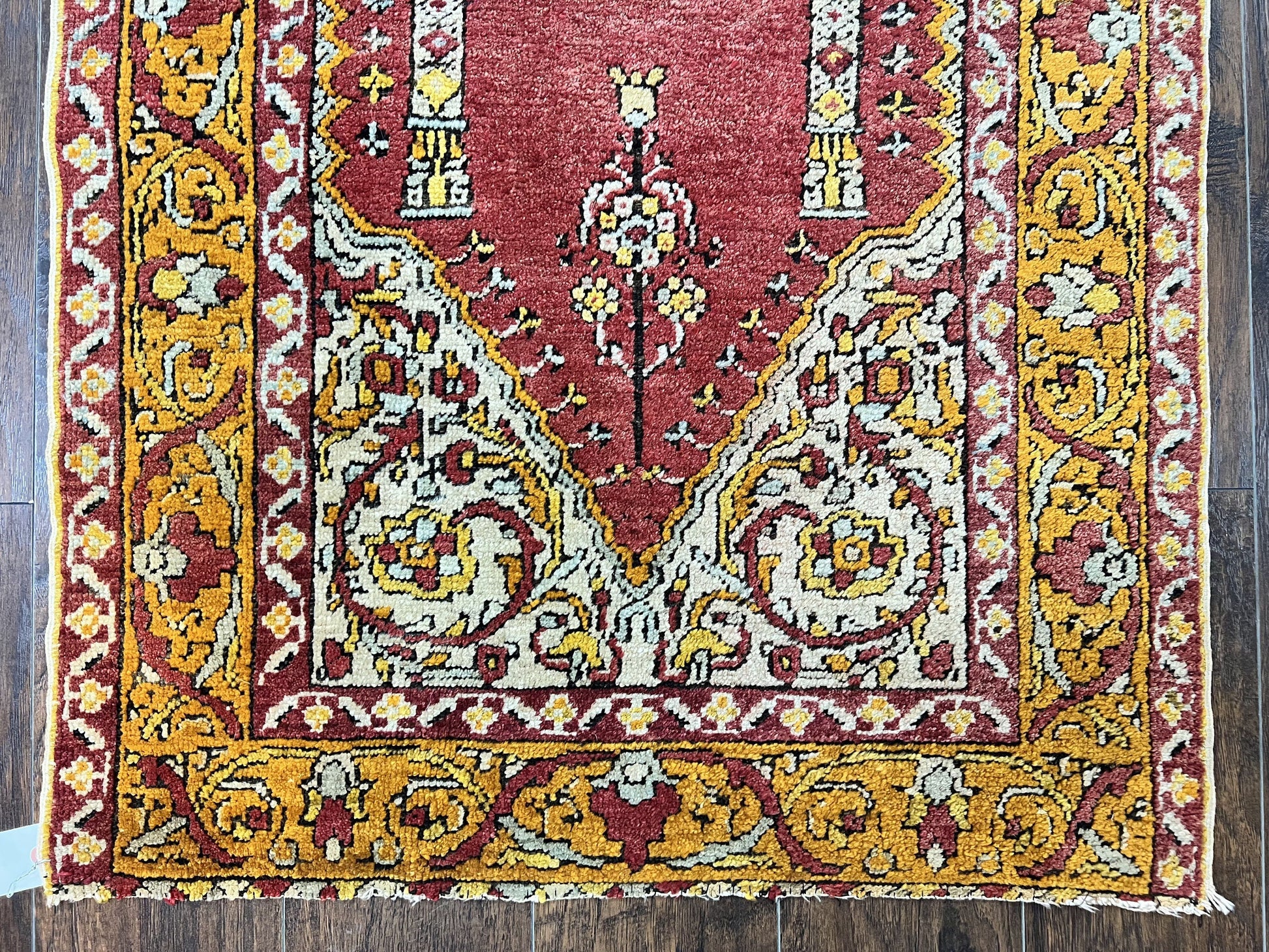 Antique Turkish Prayer Rug 3x5, Hand Knotted Turkish Melas Oushak Wool Carpet, Mehrab Rug, Orange & Red Vintage Rug 3 x 5 Collectible - Nuvé