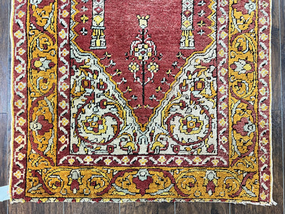 Antique Turkish Prayer Rug 3x5, Hand Knotted Turkish Melas Oushak Wool Carpet, Mehrab Rug, Orange & Red Vintage Rug 3 x 5 Collectible - Nuvé