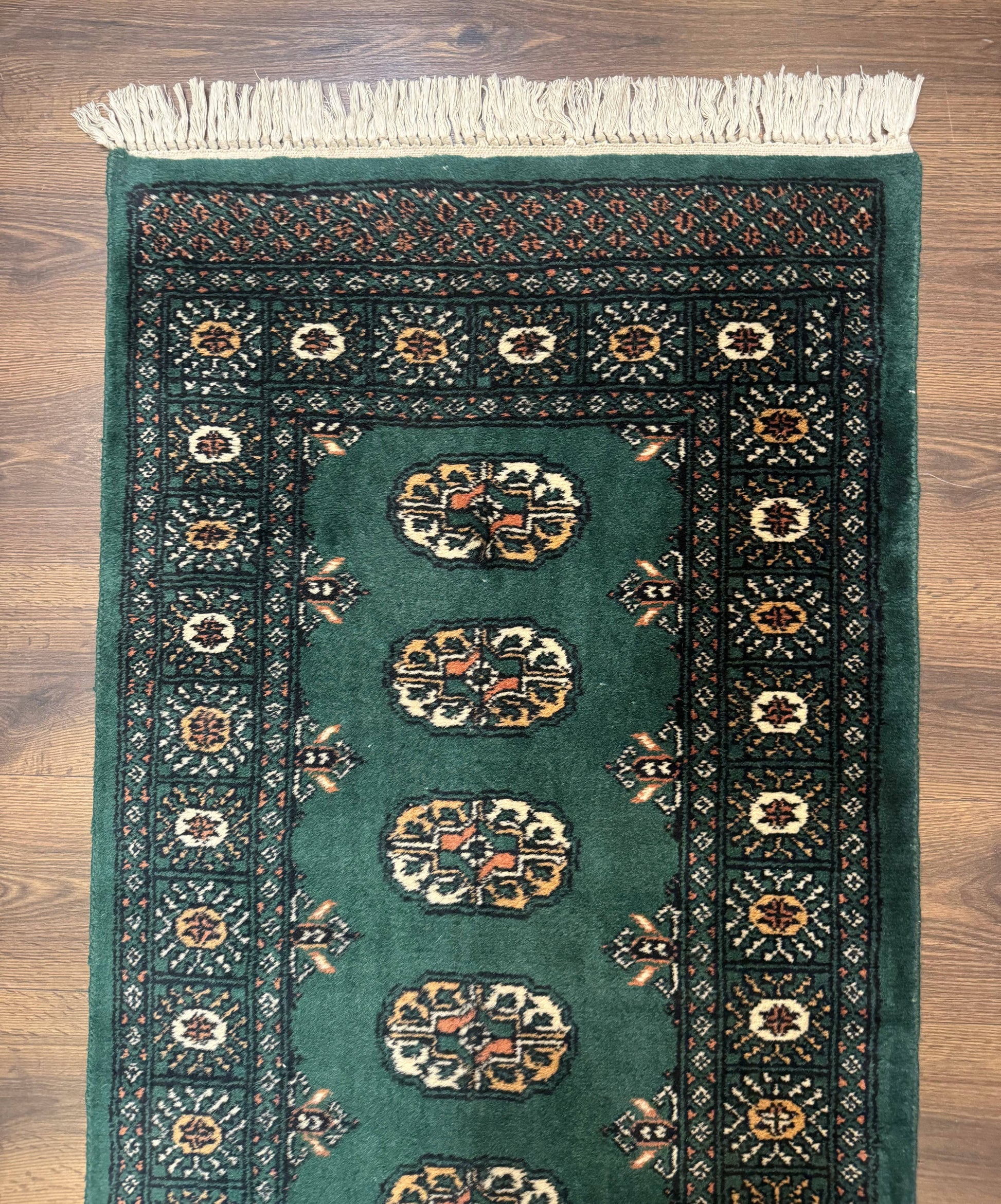 Pakistani Bokhara Runner Rug 2.5 x 11, Green Turkoman Wool Runner for Hallway - Nuvé