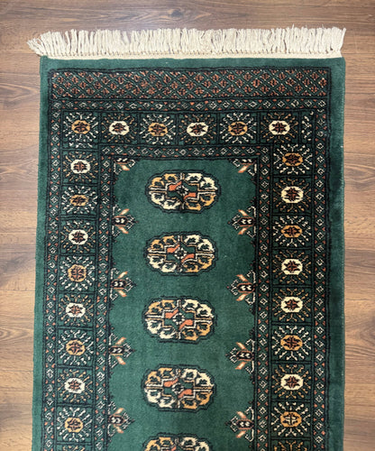 Pakistani Bokhara Runner Rug 2.5 x 11, Green Turkoman Wool Runner for Hallway - Nuvé