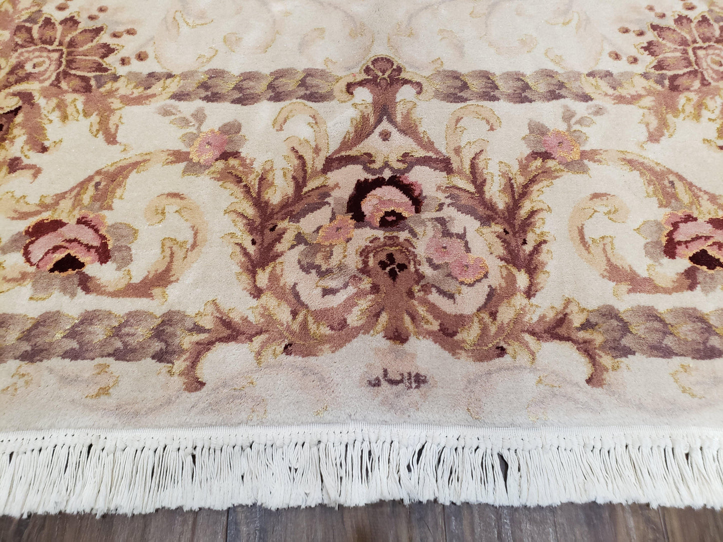 Vintage Ivory Chinese Aubusson Area Rug 6x9, Wool & Silk, Hand-Knotted 120 Line Fine Rug, European Design Carpet, 6 x 9 Master Signature Rug - Nuvé