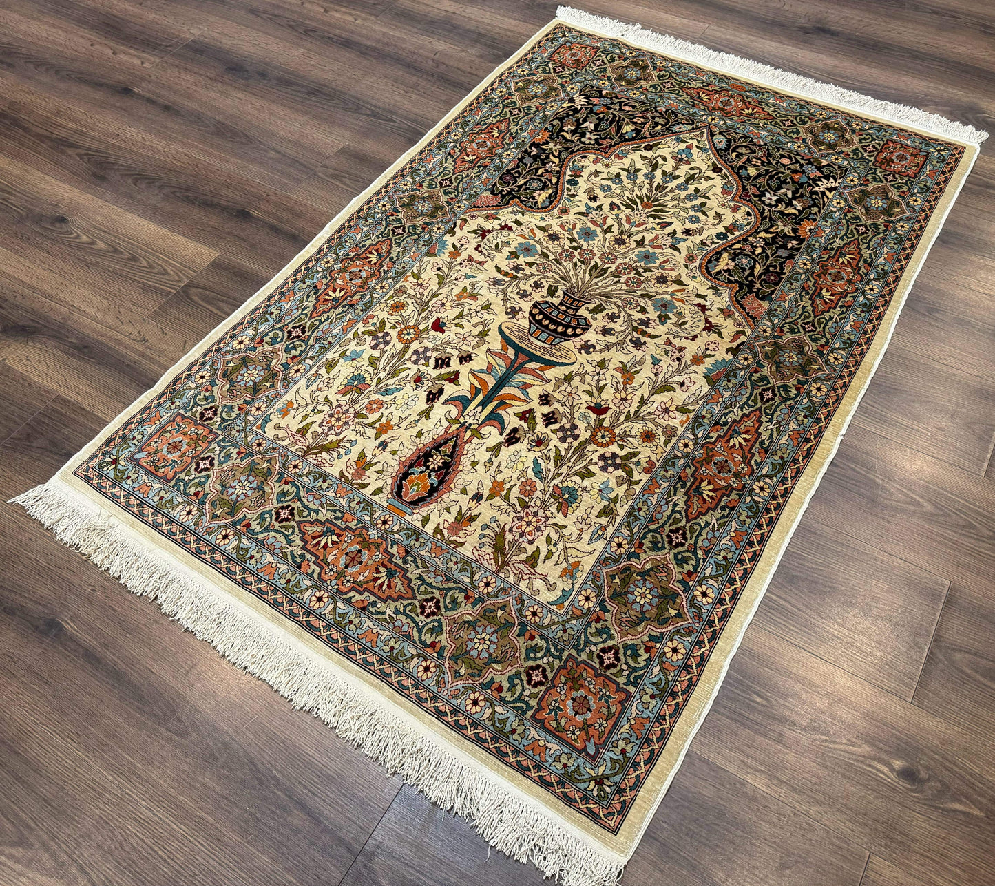 Rare Turkish Hereke Silk Rug 3x5, Tree of Life Persian Vase Design, Very Fine 440 KPSI, Signed - Nuvé