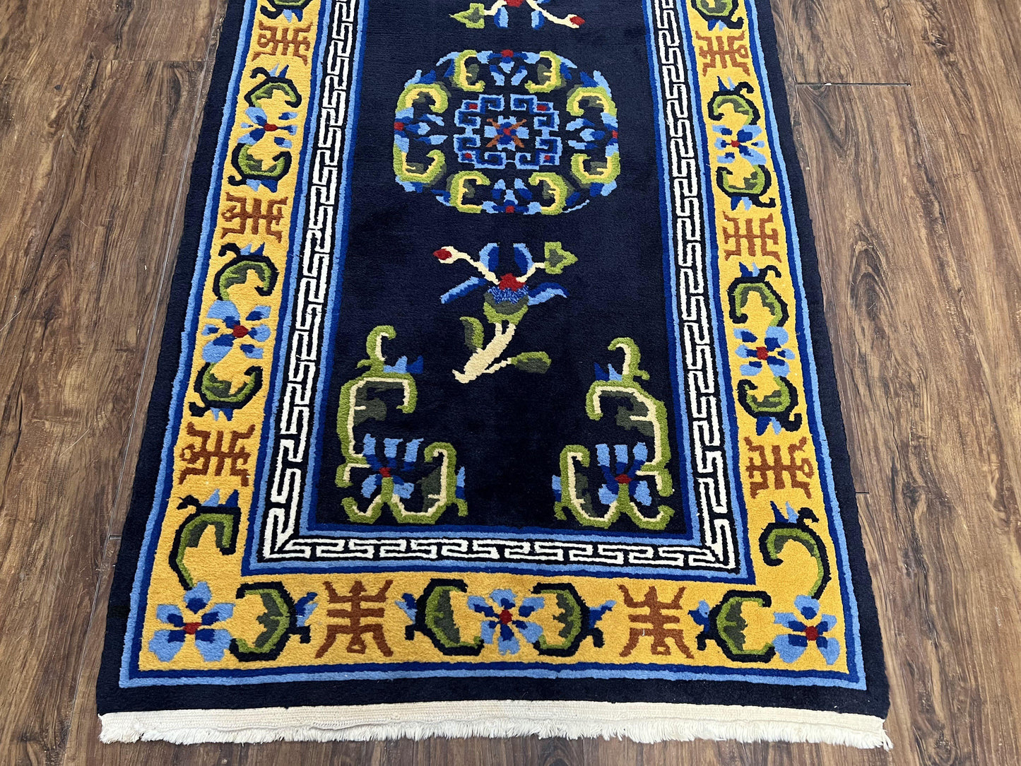 Chinese Art Deco Rug 3 x 5.9, Handmade Chinese Peking Carpet, Dark Blue and Gold, Medallion, Asian Oriental 3x6 Hand Knotted Vintage Rug - Nuvé