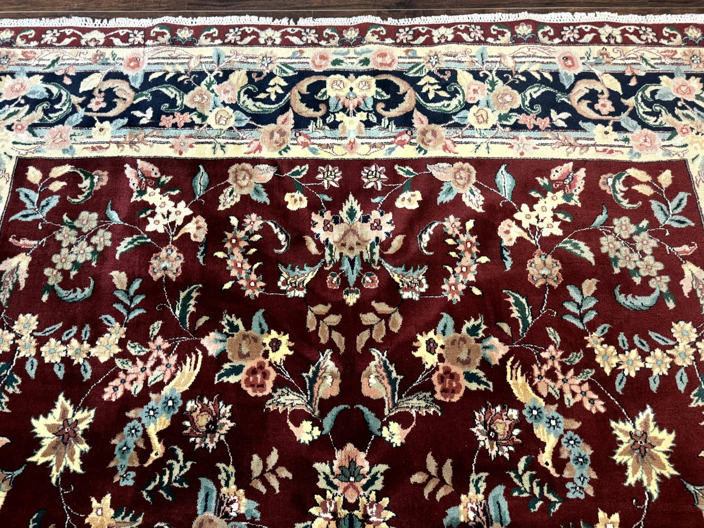 Indo Persian Rug 8x10, Floral Allover with Bird Pictorials, Maroon and Navy Blue, Handmade Wool Area Rug - Nuvé