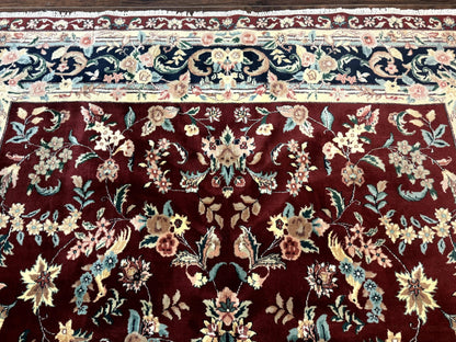Indo Persian Rug 8x10, Floral Allover with Bird Pictorials, Maroon and Navy Blue, Handmade Wool Area Rug - Nuvé