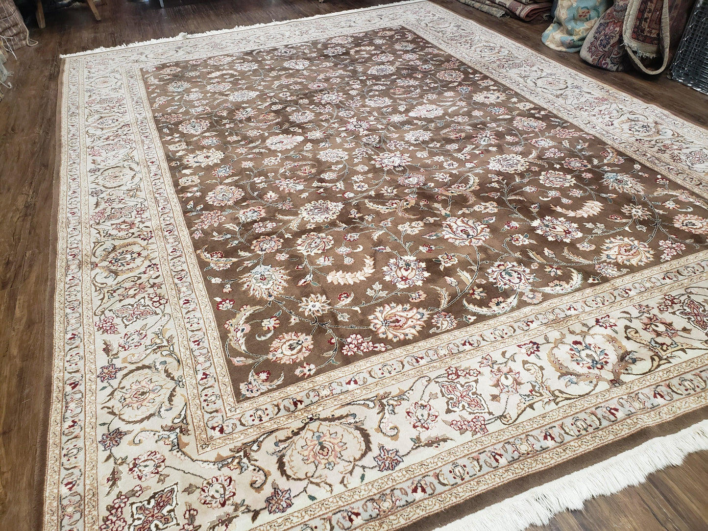 Vintage Pak-Persian Area Rug 9x12, Wool Hand-Knotted Spice Brown & Ivory Traditional Fine Oriental Carpet, Pakistani Carpet, 9 x 12 Fine Rug - Nuvé