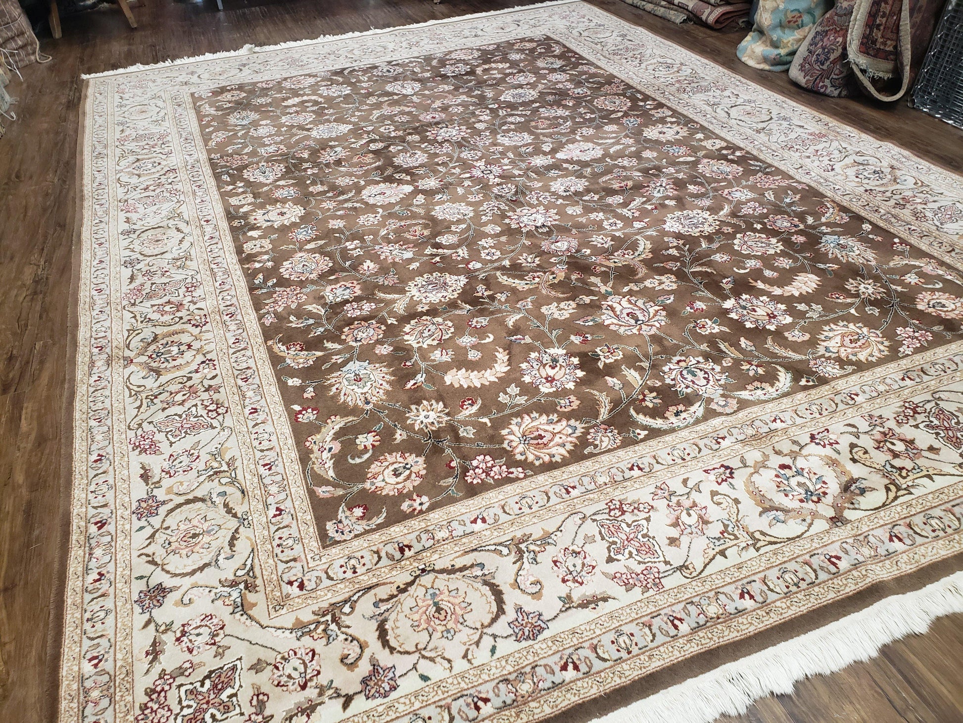 Vintage Pak-Persian Area Rug 9x12, Wool Hand-Knotted Spice Brown & Ivory Traditional Fine Oriental Carpet, Pakistani Carpet, 9 x 12 Fine Rug - Nuvé