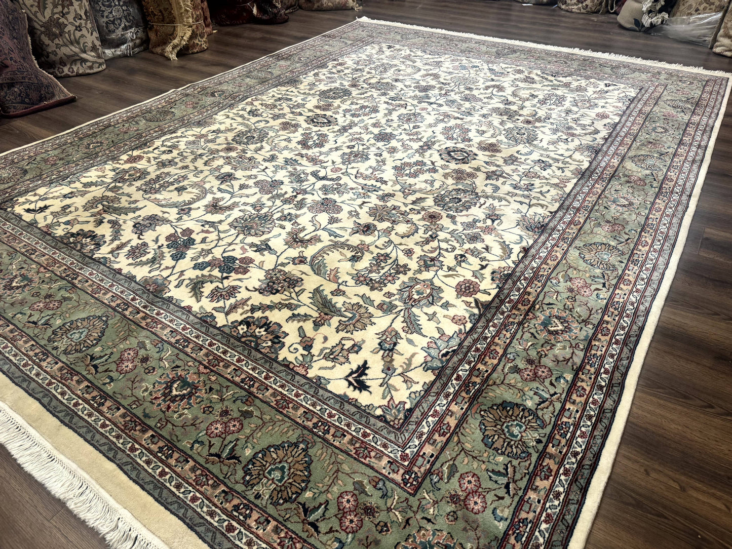 Indo Persian Rug 9x12, Allover Floral Pattern, Ivory & Green, Traditional Oriental Carpet - Nuvé
